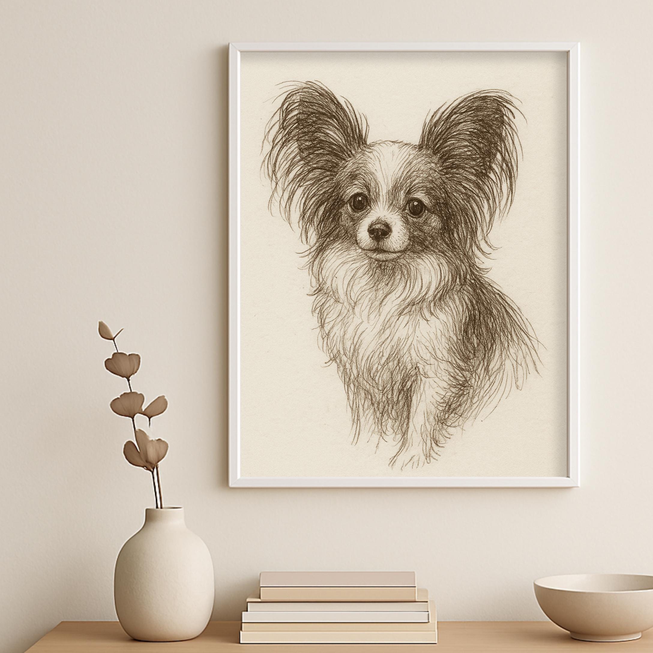 ヴィンテージ パピヨン 犬のスケッチ画 ペット ミニマルライン