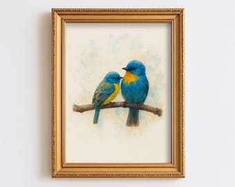 Bird Couple Wall Art Blue & Green Watercolor Birds Cottagecore Digital Download