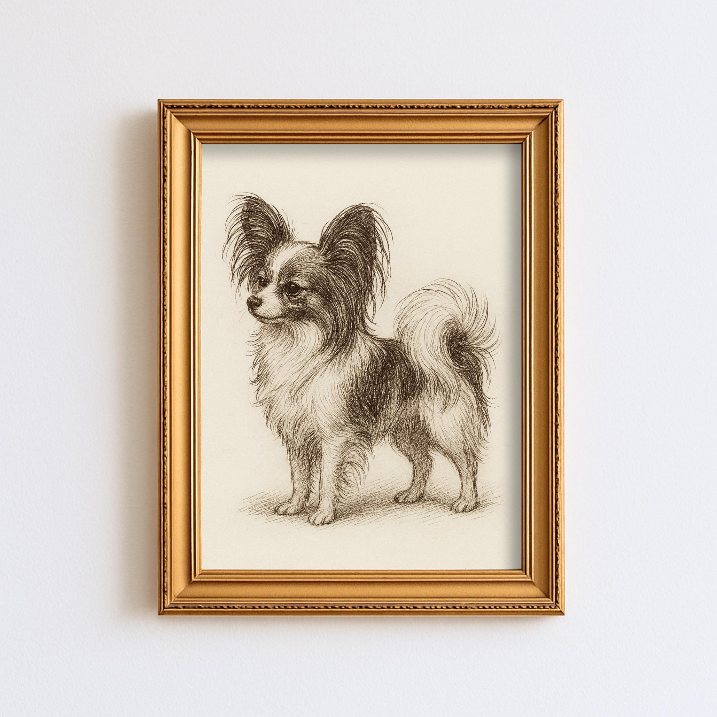 ヴィンテージ パピヨン 犬のスケッチ画 ペット ミニマルライン