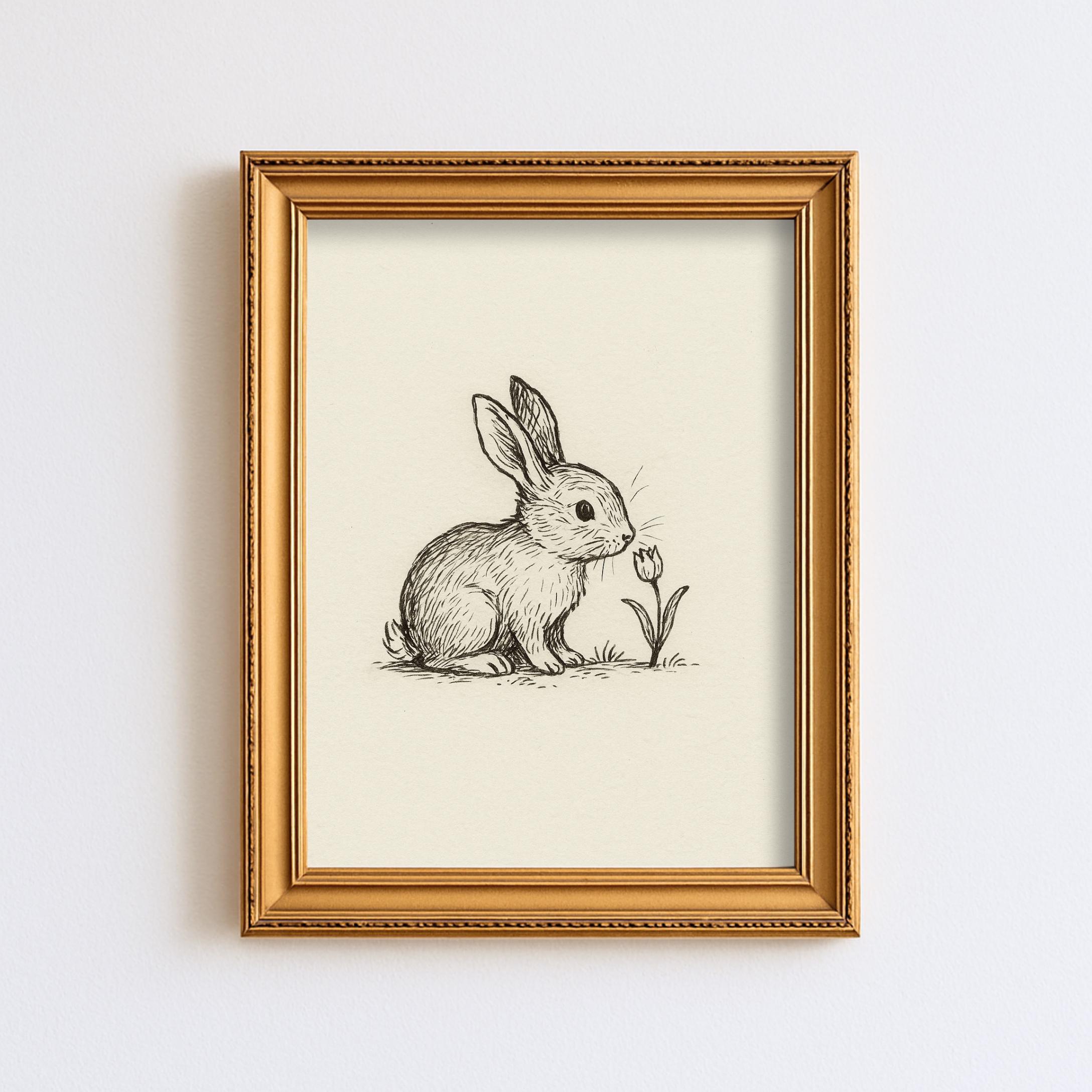 Bunny Sniffs Tulip Whimsical Baby Rabbit Line Drawing Nursery Wall Art