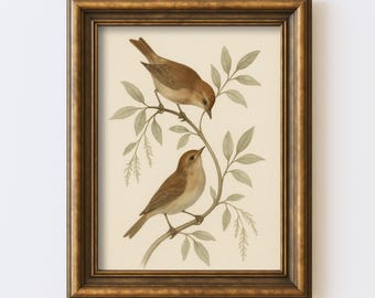 Vintage Lovebirds Pair Print Antique Wall Art Illustration Cottagecore Farmhouse Rustic Print Digital Instant Download