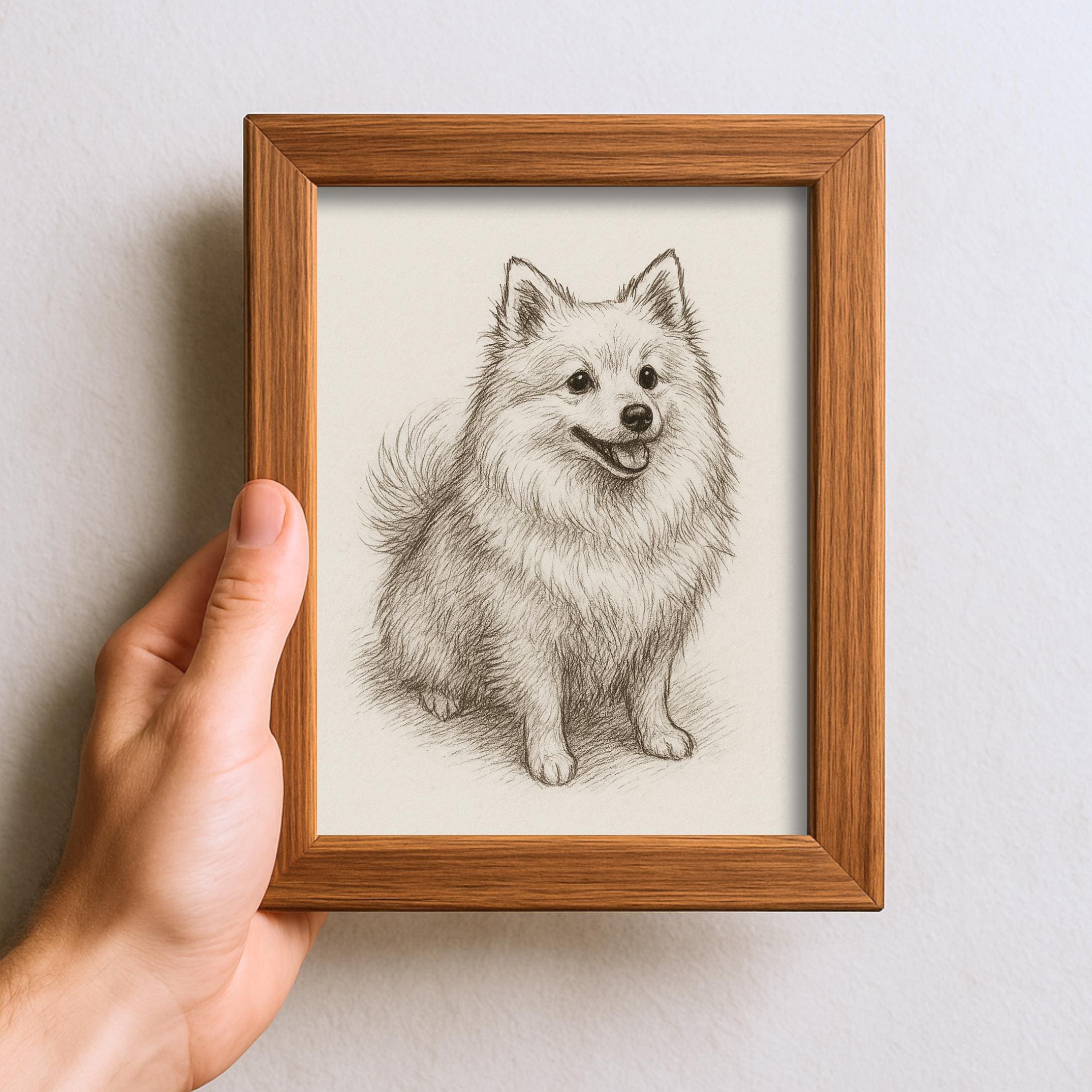 ヴィンテージの日本スピッツ犬のスケッチ画、ペットのミニマルライン