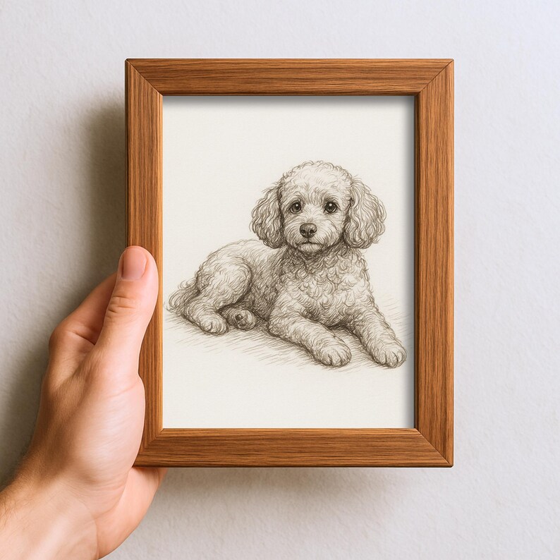 May include: A framed pencil sketch of a poodle dog lying down. The artwork features detailed shading, capturing the dog's curly fur and expressive eyes. The frame is made of wood.