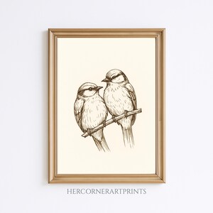 Vintage Lovebirds Paar Skizze Bleistift Zeichnung Kinderzimmer Linie Wand Kunst Kinder Babyzimmer Wald Antik Cottagecore Bauernhaus rustikalen Druck