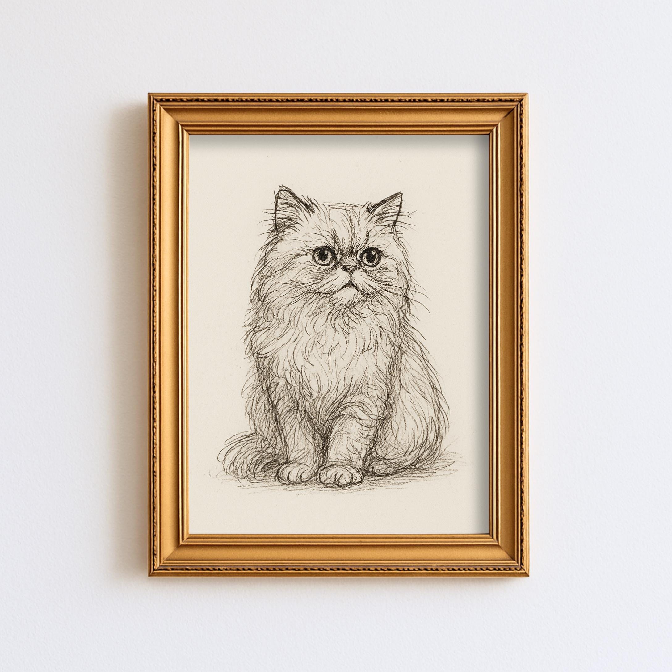 ヴィンテージペルシャ猫のスケッチ画ペットミニマルラインウォール