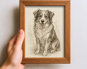 Vintage Australian Shepherd Dog Sketch Drawing Pet Minimal Line Wall Art Print Dog Lover Gift