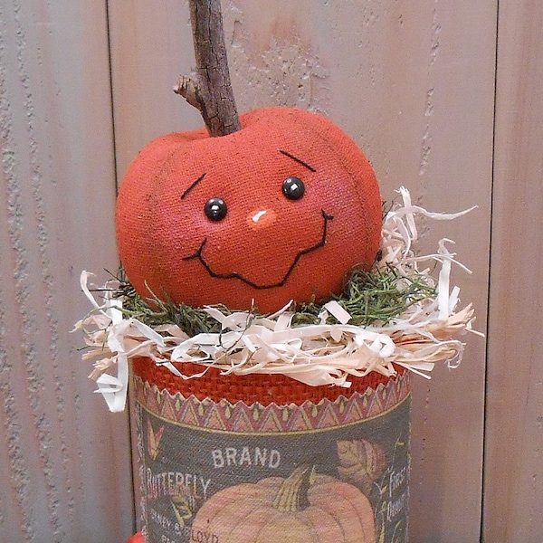 Primitive Raggedy PDF E-Pattern Canned Pumpkin #116 Harvest Fall Cloth Art Doll Sewing Craft Autumn Decor Easy DIY Project