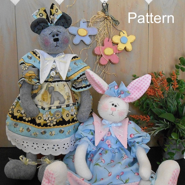 PDF E-Pattern Raggedy Rabbit Bunny Bär Stoffpuppe #87 Contry Primitive Folk Art Sewing Craft