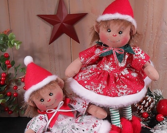Modello elettronico PDF per bambola elfo di Natale Tiny Tot Girl Raggedy, decorazione natalizia n. 110, arte popolare primitiva, cucito su stoffa