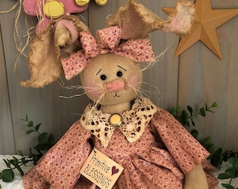 Primitive Raggedy Bunny Rabbit Doll PDF e- PATTERN #130 Country Folk Art Cloth Sewing Craft DIY Home Decor Project with Printable Tags