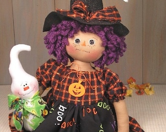 PDF E Pattern Primitive Raggedy Doll Witch Ghost Halloween Country Folk Art Cloth Doll Sewing Craft #44