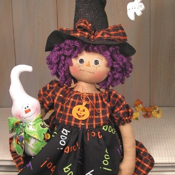 PDF E Pattern Primitive Raggedy Doll Witch Ghost Halloween Country Folk Art Cloth Doll Sewing Craft #44