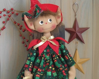 PDF E-Pattern #25 Primitive Raggedy Christmas Elf Doll Holiday Sewing Craft