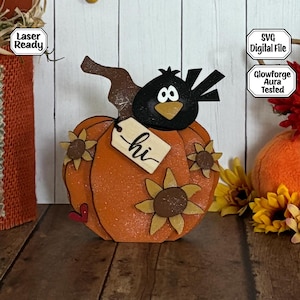 Lima laser de girassol Pumpkin Crow, Lima laser de outono, SVG de outono, Corte a laser, Olá outono, Guarda-prateleira, Laser de fazenda, Lima Glow Forge