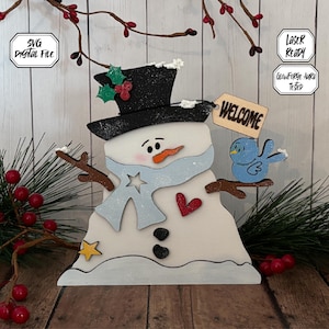 Snowman Laser File, Snowman SVG, Laser svg File, Blue Bird, Winter Snowman, Christmas SVG, Gift, Shelf Sitter, Christmas Laser
