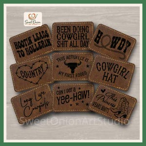 Paquete de archivos SVG de parches de cuero de vaquera, parches para sombreros del oeste, archivo de grabado láser Howdy, diseños de corte Glowforge Country Girl