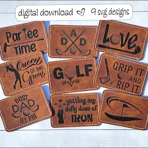 Pode incluir: Uma coleção de nove patches de couro castanho com vários designs e textos com tema de golfe. Os patches incluem frases como "Par Tee Time", "Golf" e "Best Dad By Par". As palavras "digital download" e "9 svg designs" também estão presentes.