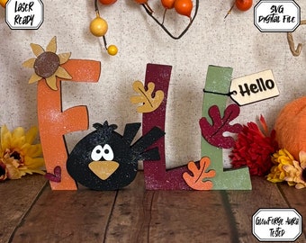 Hello Fall Sign, Fall SVG, Laser File, Crow svg, Fall Laser File, Laser Cut File, Shelf Sitter, Harvest svg, Glowforge File