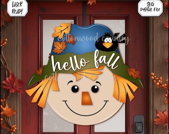 Scarecrow Hello Fall Sign SVG, Fall Door Hanger, Porch Sign, Welcome Fall, Wood Sign, Scarecrow SVG, Laser Cut Files, Glow Forge, Cricut