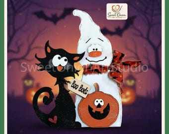 Halloween Black Cat Laser File SVG, Ghost Pumpkin Shelf Sitter, Wood Craft