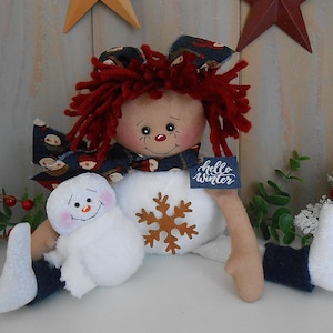 Winter Raggedy Ann PDF E-PATTERN Snowman Christmas Cloth Doll Holiday Primitive Country Folk Art Sewing Craft DIY Home Decor Printable Tags