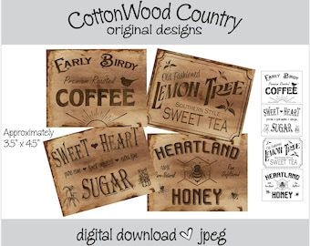 Coffee Tea Sugar Honey Labels, Primitive Tags, Primitive Decor, Farmhouse Decor, Farmhouse Labels, Primitive Pantry Labels, Vintage Design