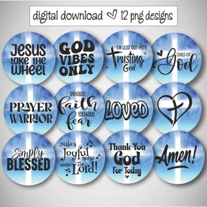 Puede incluir: Doce diseños digitales con círculos azules de acuarela con acentos blancos y texto negro. El texto incluye frases como "Jesús toma el volante", "Solo buenas vibraciones de Dios", "Guerrero de la oración", "Simplemente bendecido", "Inhala fe exhala miedo", "Amado", "Hijo de Dios", "Confiando en Dios", "Haz un ruido alegre para el Señor", "Gracias a Dios por hoy", y "¡Amén!"