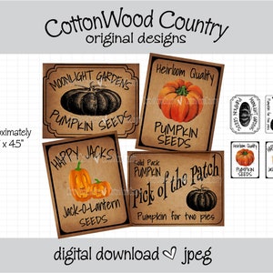 Pumpkin Seed Label, Primitive Labels, Fall Labels, Primitive Decor, Farmhouse Decor, Farmhouse Labels, Country, Folk Art, Harvest, Fall