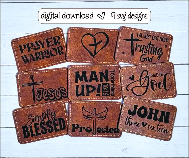 May include: Nine brown leather patches with various Christian-themed designs and text, including "Prayer Warrior", "Man Up!", "Child of God", "Simply Blessed", and "John Three Sixteen".
