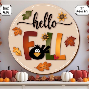 Plaque de porte Hello Fall, Bienvenue, accroche-porte rond, enseigne de porche, Hello Fall, panneau en bois, feuilles d'automne, fichiers découpés au laser, Glowforge, Cricuit