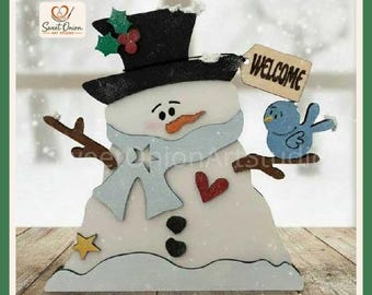 Snowman Shelf Sitter Laser Cut File, Winter Blue Bird SVG, Glowforge Christmas Ready, Layered Wood Table Decor