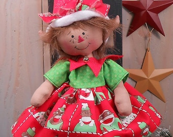 Modello elettronico PDF n. 75 Bambola di stoffa primitiva e sfilacciata per bambina di Natale, cucito artigianale per le feste