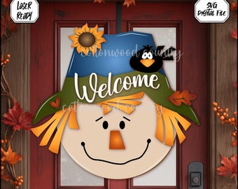 Scarecrow Fall Welcome Sign SVG, Fall Door Hanger, Porch Sign, Hello Fall, Wood Sign, Scarecrow SVG, Laser Cut Files, Glow Forge, Cricut