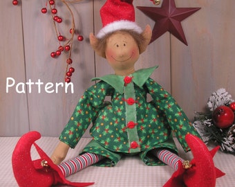 Modello elettronico PDF n. 37 Elfo di Natale in stile vintage, bambola di stoffa primitiva e sfilacciata, arte popolare, cucito artigianale