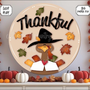 Tacchino da appendere alla porta in formato SVG, cartello di ringraziamento, benvenuto del Ringraziamento, appendino rotondo per porta, cartello da veranda, ciao autunno, file tagliati al laser, Glowforge, Cricuit