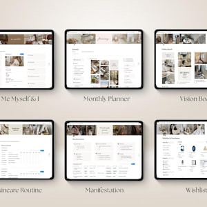 May include: Six digital tablet screens displaying organized planning templates titled Me Myself & I, Monthly Planner, Vision Board, Skincare Routine, Manifestation, and Wishlist. Each interface features a clean layout with text, lists, and images.