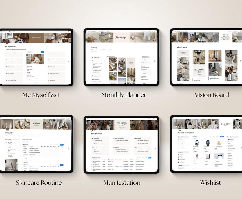 May include: Six digital tablet screens displaying organized planning templates titled Me Myself & I, Monthly Planner, Vision Board, Skincare Routine, Manifestation, and Wishlist. Each interface features a clean layout with text, lists, and images.