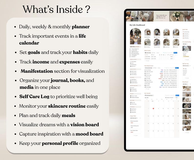 May include: A digital life dashboard template featuring a list titled What's Inside? with bullet points for daily, weekly, and monthly planning, habit tracking, income and expense monitoring, manifestation, journaling, self-care, and meal planning.