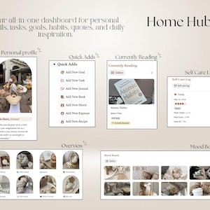 May include: A digital Home Hub dashboard template featuring sections for a personal profile, quick adds, currently reading, self-care log, overview, and mood board. The interface uses a neutral beige color palette with organized text and icons.