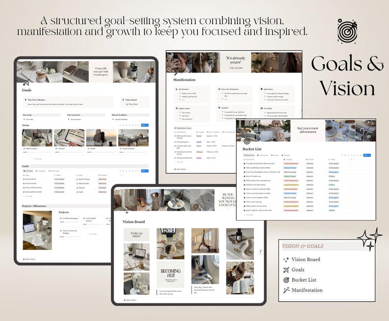 May include: A digital goal-setting system displayed on multiple screens featuring sections for Goals, Vision, Manifestation, and a Bucket List. The interface includes text headers like Goals & Vision, and various lists with checkboxes, dates, and categories.