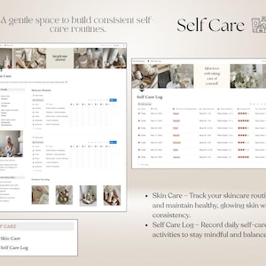 May include: A digital self-care and skincare routine planner template featuring a dashboard with sections for skin profiles, daily logs, and product tracking. The interface includes text headers like Self Care, Skin Care, and Self Care Log with icons.