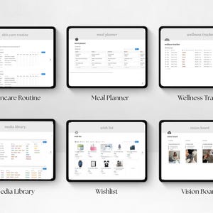 May include: Six digital tablets displaying various planning and organizational tools. The screens show a skincare routine, meal planner, wellness tracker, media library, wishlist, and vision board. Each tablet has a black frame and white background.