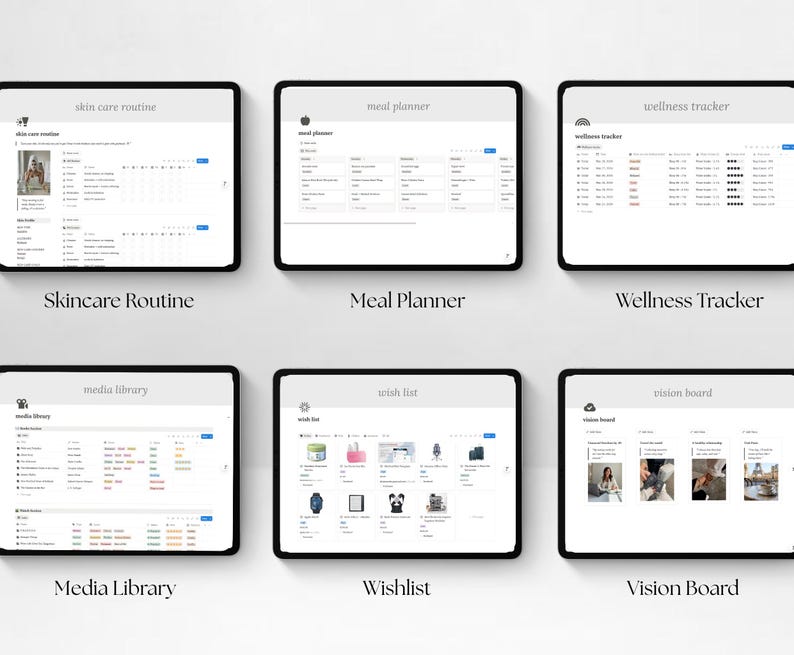 May include: Six digital tablets displaying various planning and organizational tools. The screens show a skincare routine, meal planner, wellness tracker, media library, wishlist, and vision board. Each tablet has a black frame and white background.