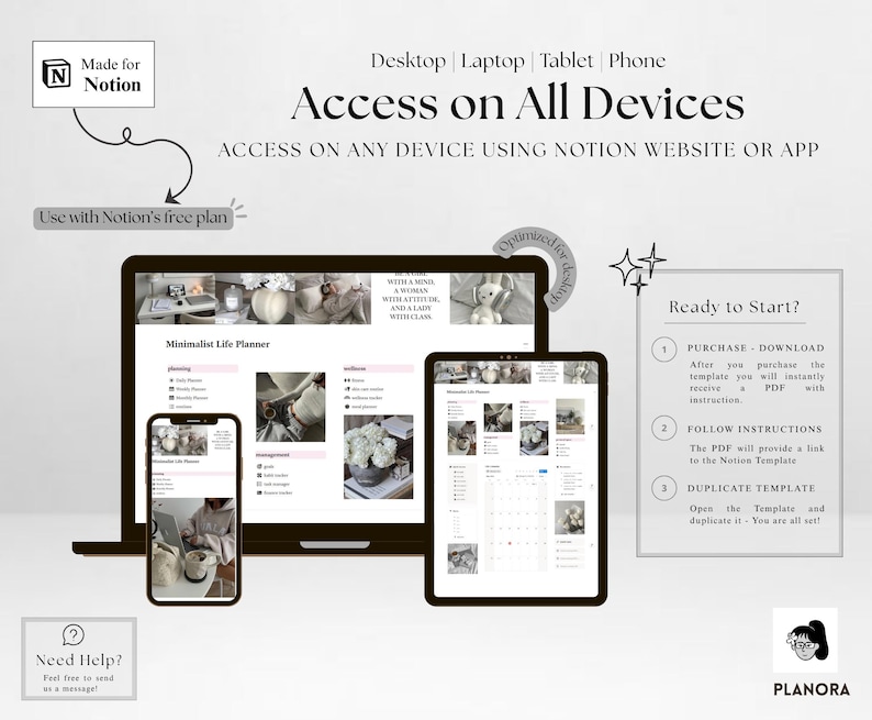 May include: A digital minimalist life planner displayed on a laptop, tablet, and smartphone. The devices show the planner's interface, with text that reads "Access on All Devices" and "Made for Notion". The image includes instructions to purchase, download, and duplicate the template.