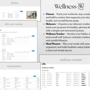 May include: A digital wellness planner with sections for fitness, skincare, and meal planning. The design is minimalist with a clean layout. The planner includes a wellness tracker to monitor habits and mood.