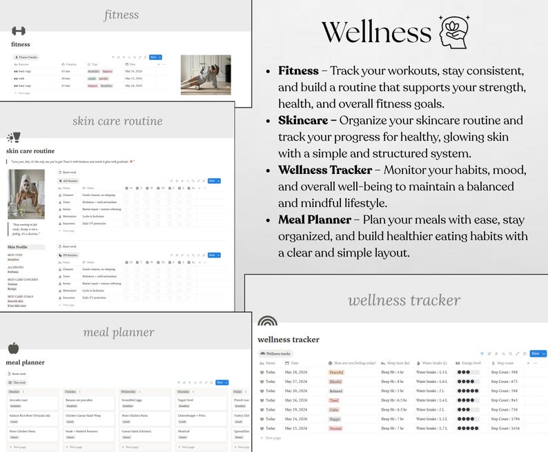 May include: A digital wellness planner with sections for fitness, skincare, and meal planning. The design is minimalist with a clean layout. The planner includes a wellness tracker to monitor habits and mood.