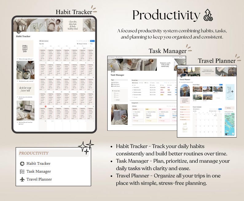 May include: A digital productivity system featuring a Habit Tracker, Task Manager, and Travel Planner. The interface displays calendars, task lists, and travel itineraries with a neutral color palette, organized layouts, and text labels for each module.