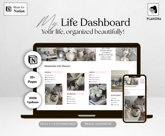 Minimalist Notion 2026 All In One Life Planner Template | Aesthetic Daily Personal Planner for ADHD Notion Template Digital Planner