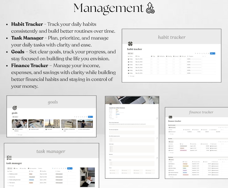 May include: A digital planner page with the word "Management" at the top. The page includes sections for habit tracking, task management, goal setting, and finance tracking. Each section has a corresponding digital interface.