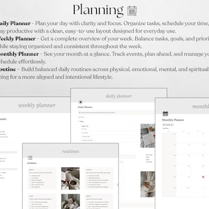 May include: A collection of digital planners, including daily, weekly, and monthly options, with a focus on organization and routine. The image features a clean, minimalist design with text descriptions of each planner's features.